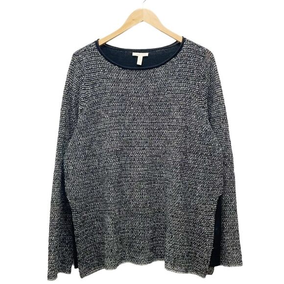 Eileen Fisher Sweater Black Knit Crochet Overlay Organic Linen Cotton Size Large - Picture 1 of 9